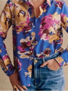 SPRING SALE - Sezane Pierro Blue Floral-Print Button-Down Shirt